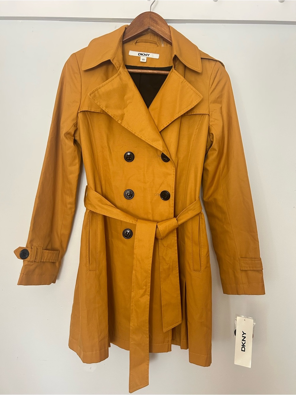 DKNY Women's Double-Breasted Trench Coat in Mustard with removal Hoodie